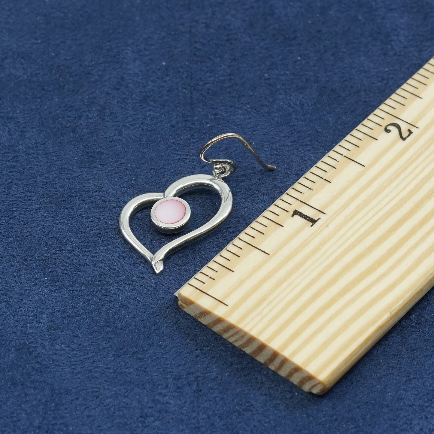 vtg Sterling silver handmade earrings, 925 heart drops w/ pink mother of pearl