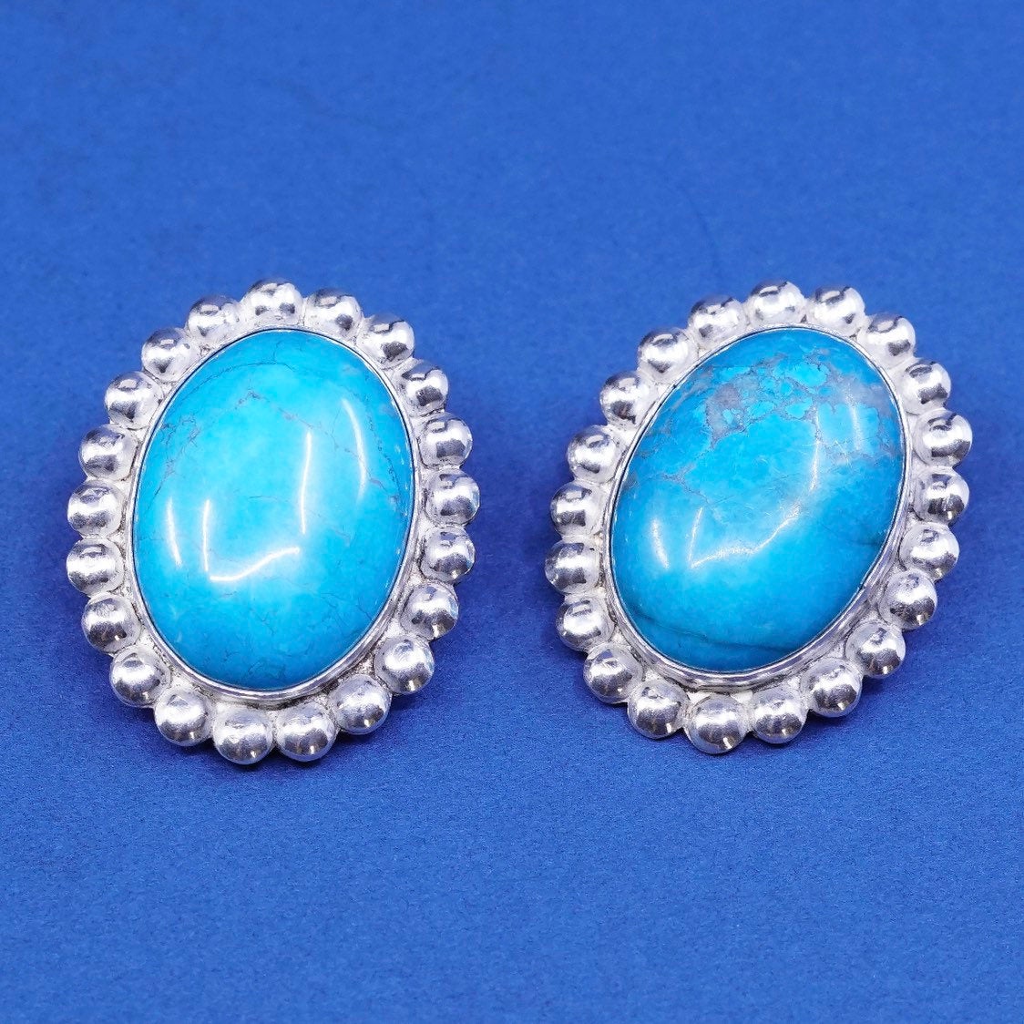 vtg sterling silver handmade earrings, 925 w/ oval turquoise N beads around