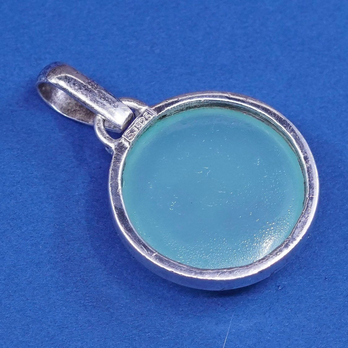 vtg SJ Sterling silver handmade pendant, 925 w/ round chalcedony,