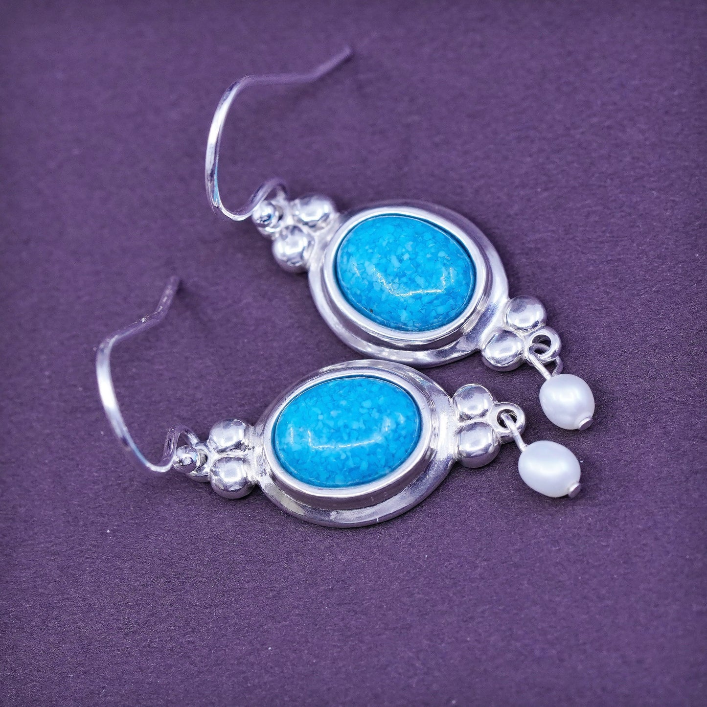 southwestern CCO Sterling 925 silver earrings with oval turquoise and pearl