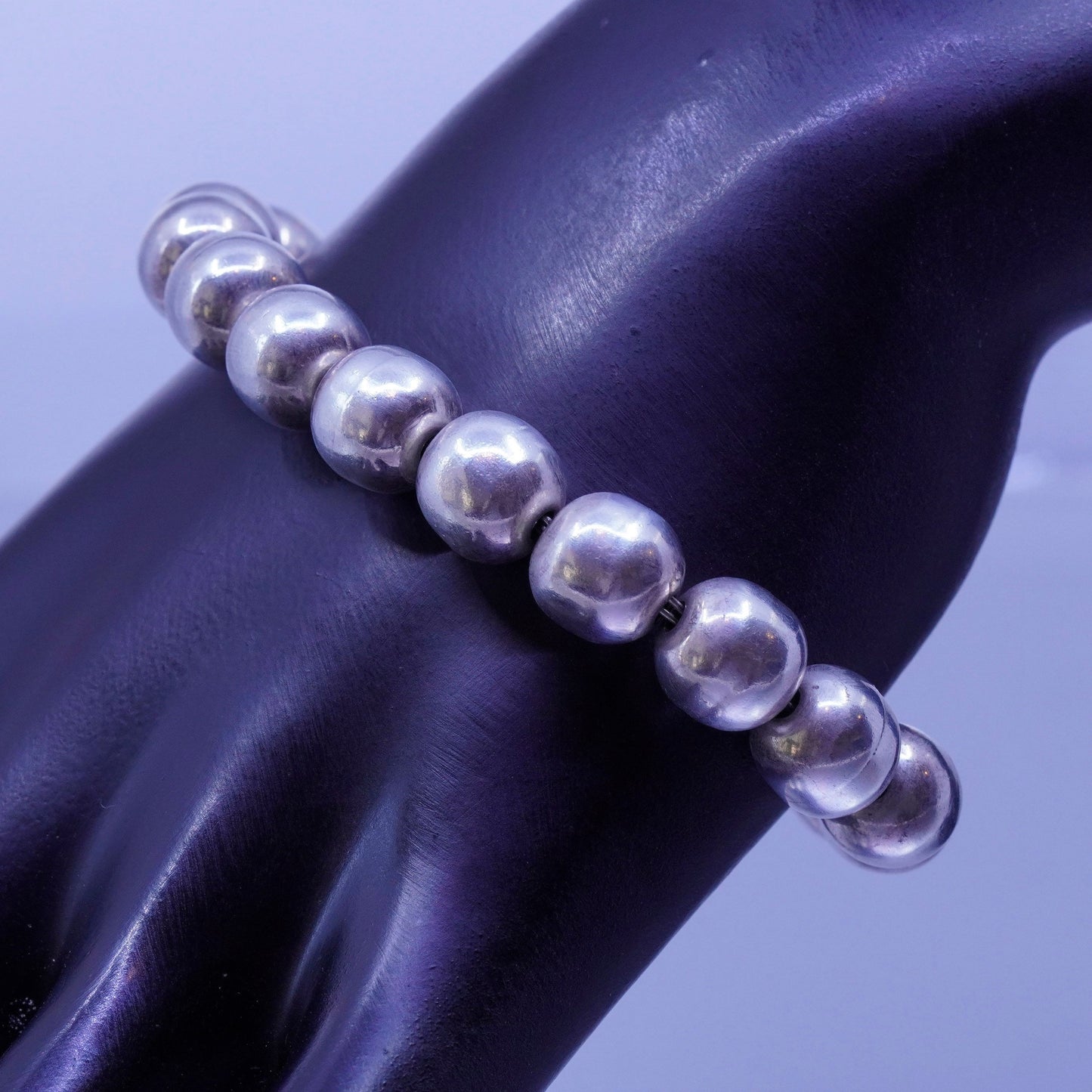 7”, 10mm, vintage Mexico Sterling 925 silver handmade bold bead bracelet