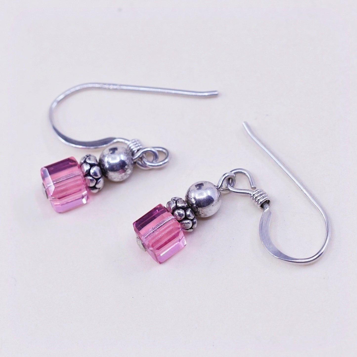 Vintage Sterling 925 silver handmade earrings, with pink crystal cube, stamped 925