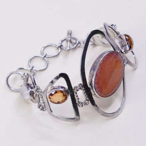 6+2”, Vtg Sajen Sterling Silver Handmade Bracelet, 925 W/ Amber Citrine N Agate