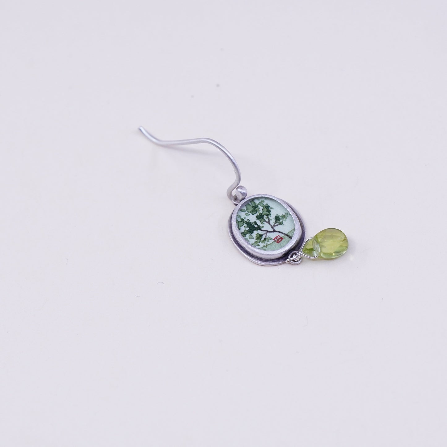 Designer Ananda KHALSA Sterling 925 silver handmade earrings, watercolor green spring maple and peridot drop, stamped 925 A