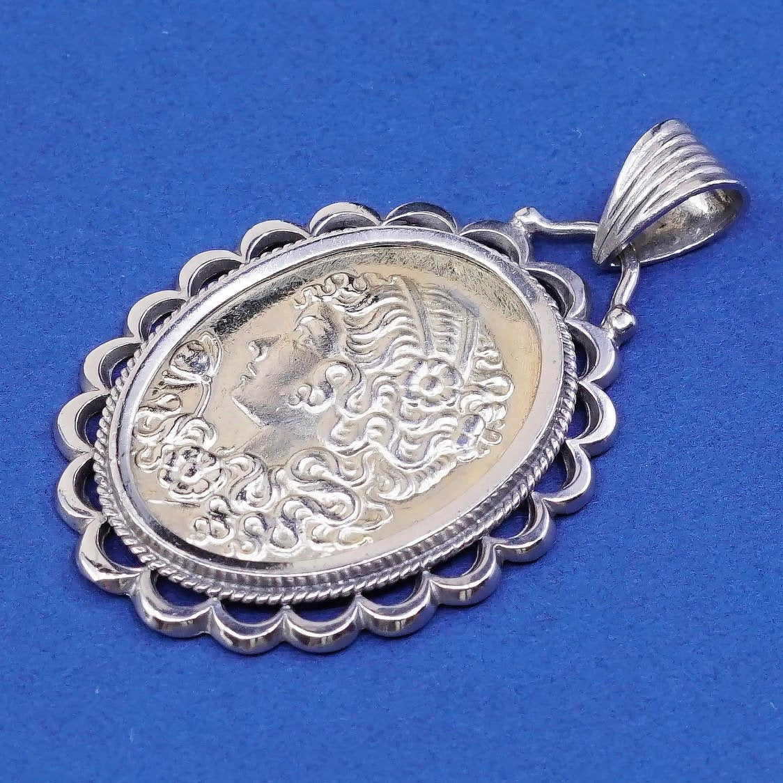 vtg IBB Two Tone sterling silver Handmade pendant, 925 lady girl portrait