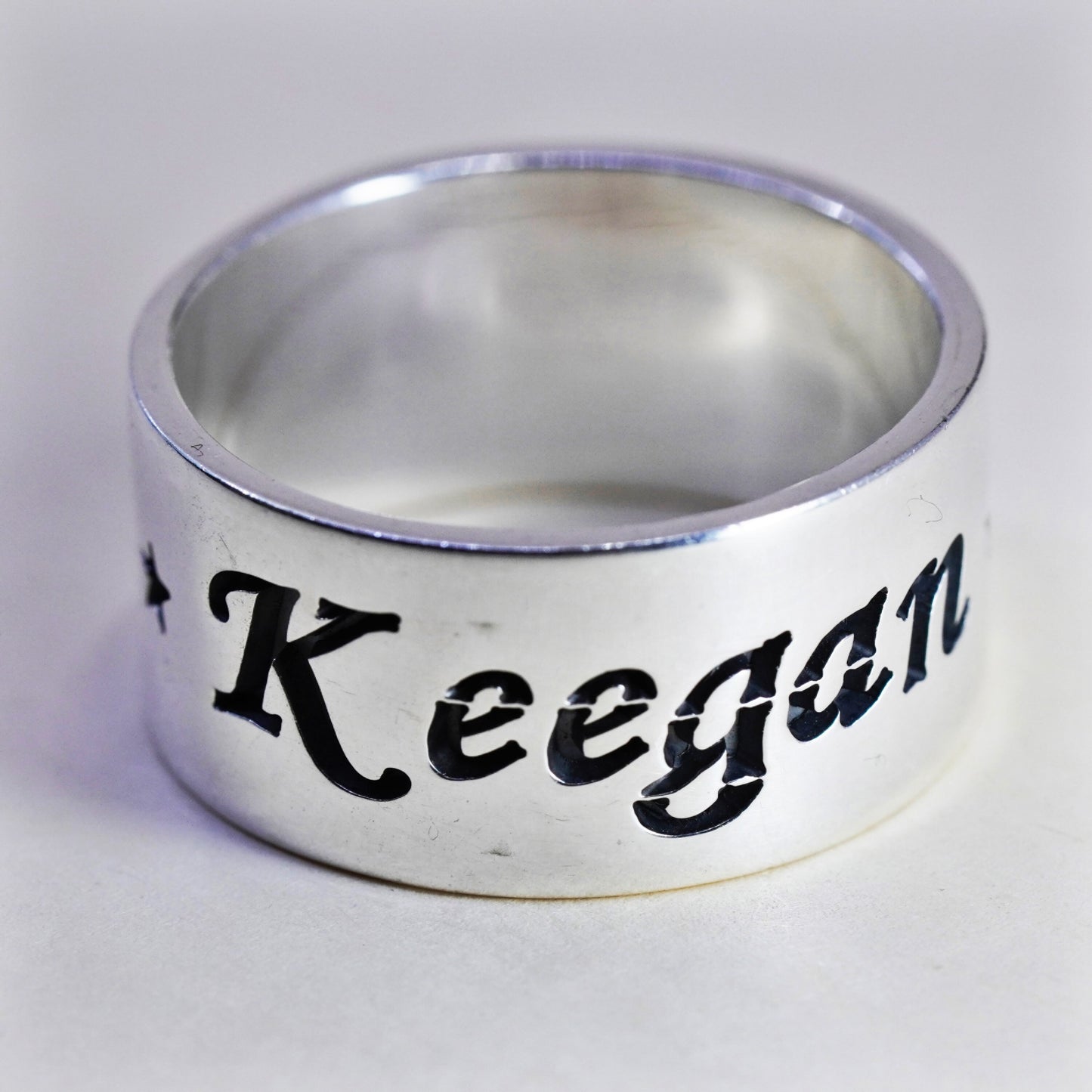 Size 13.25, Vintage sterling silver ring, 925 wide band engraved “Keegan Teal”