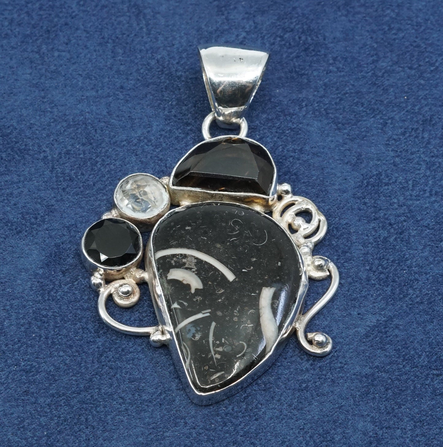 vtg Sterling 925 silver handmade pendant w/ black agate smoky topaz N crystal