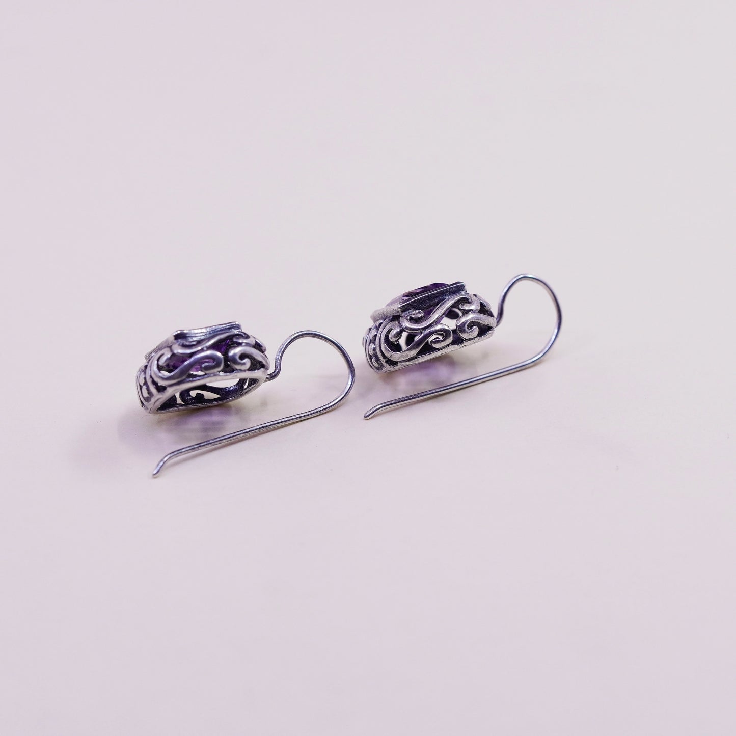 Vintage sterling silver handmade earrings, 925 filigree drops with amethyst