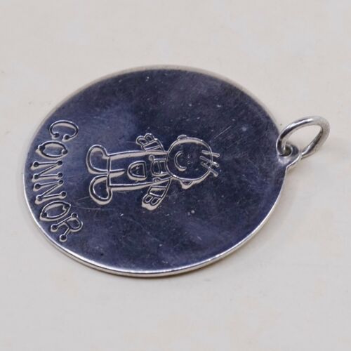 Vtg Lucy Ann Sterling Silver Pendant, Round Tag Charm Embossed A Boy Connor