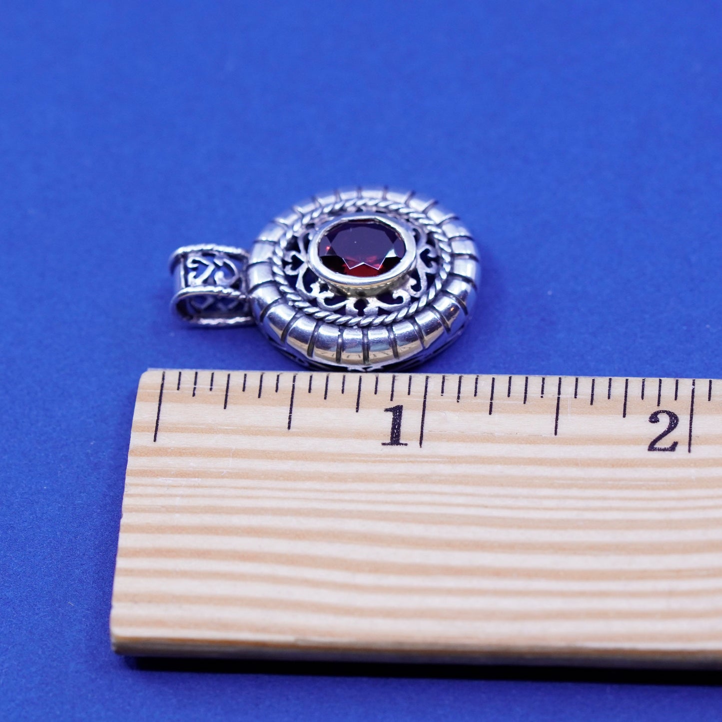 Vintage Sterling silver handmade pendant, solid 925 silver with ruby and rope