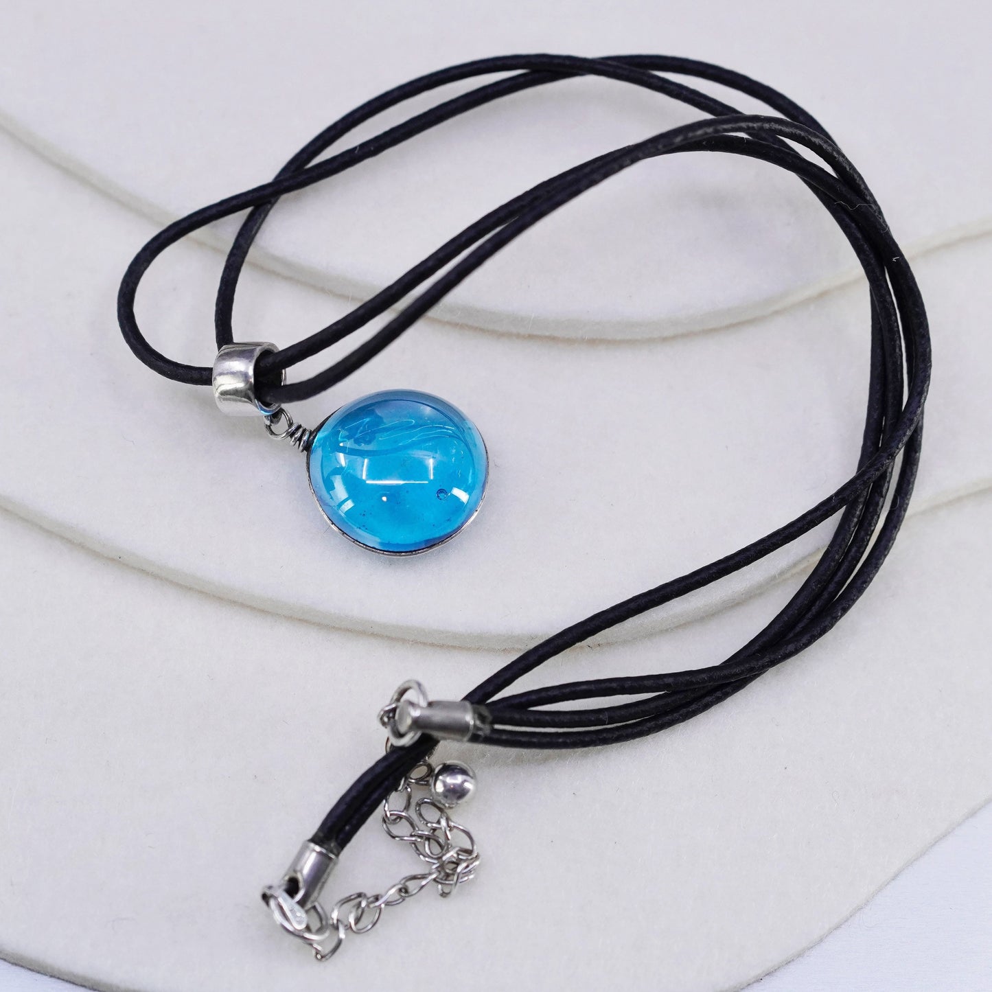 14+2”, 925 Sterling Silver Handmade black Leather Necklace with blue glass