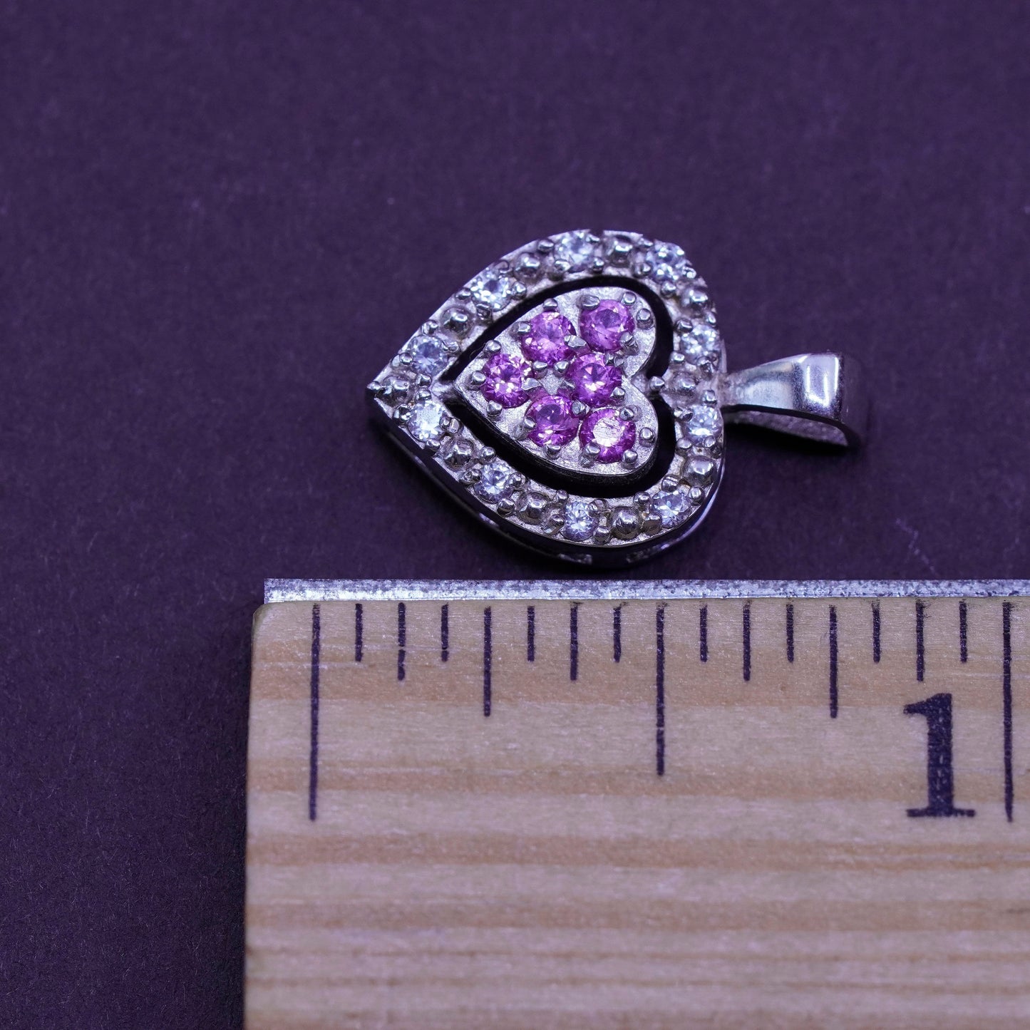 Vintage Sterling 925 silver filigree heart pendant with pink Cz