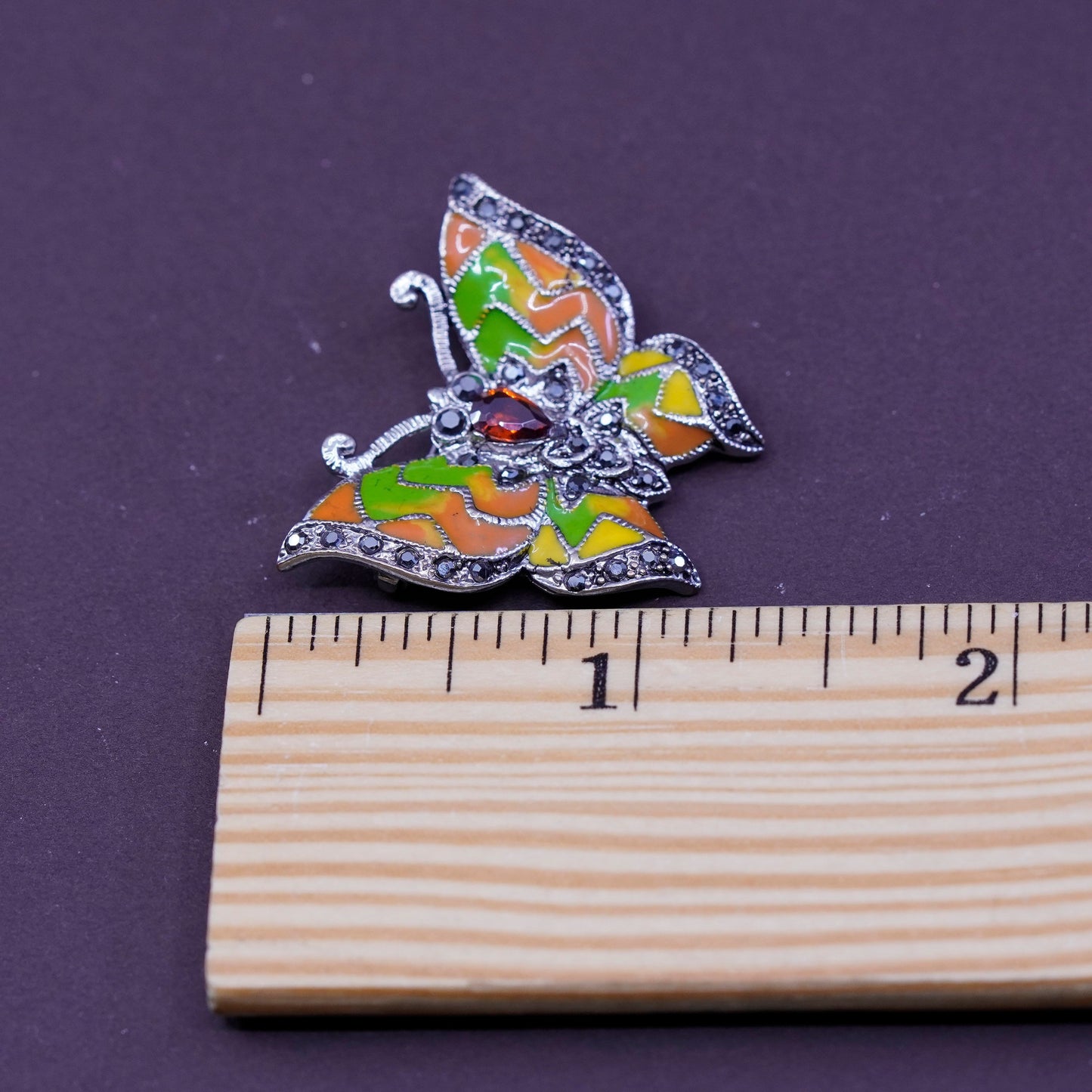 Art Deco southwestern sterling 925 silver butterfly brooch with ruby enamel