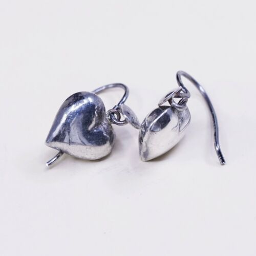 vtg sterling silver heart shaped drop earrings, puffy lightweight heart