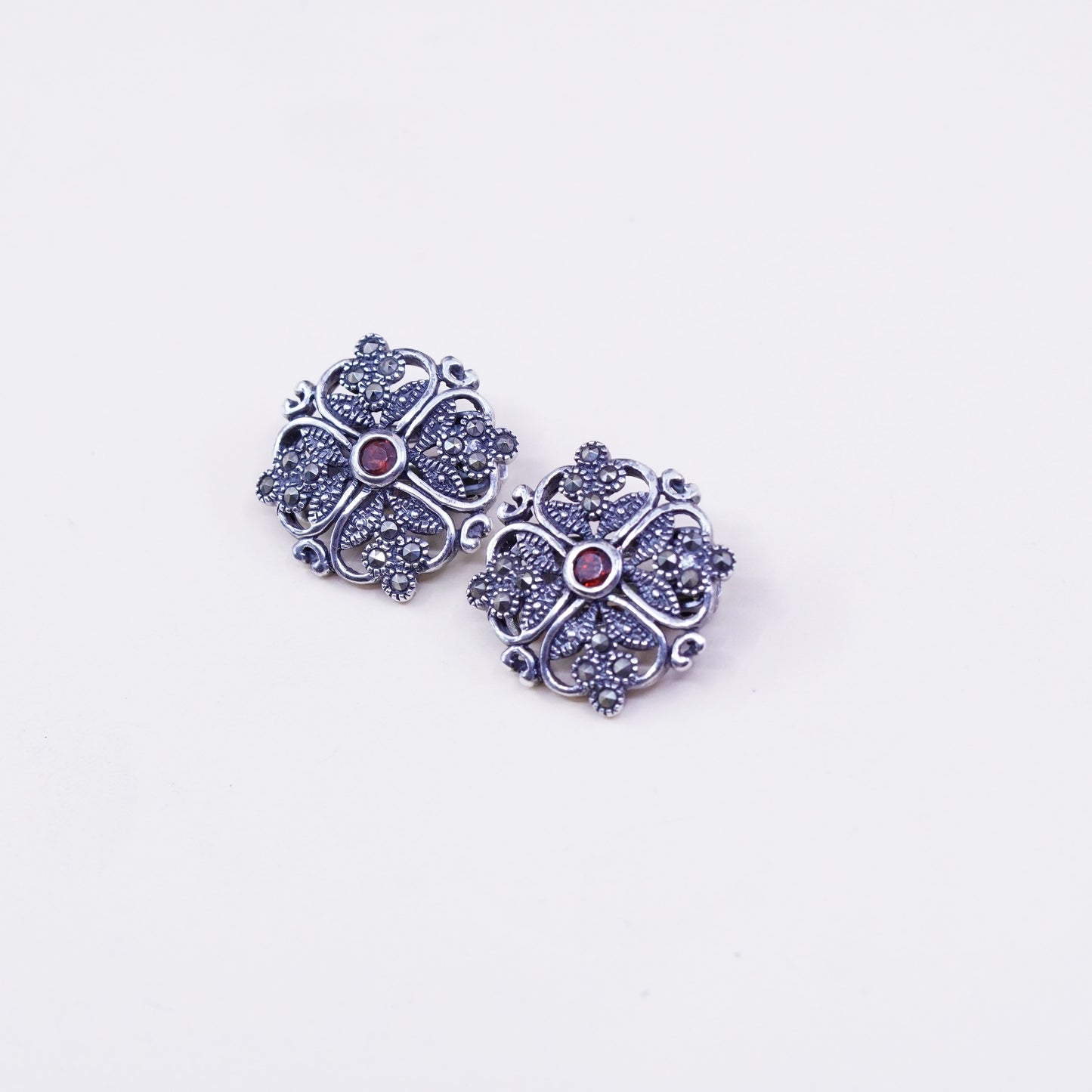 Sterling 925 silver handmade filigree clip on earrings with ruby and Marcasite