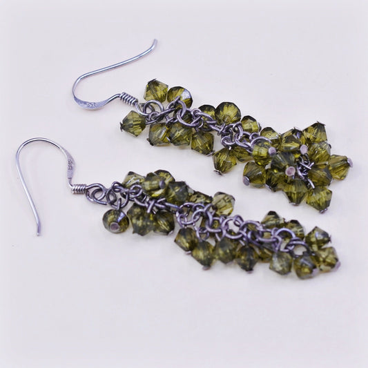 Vintage sterling 925 silver handmade earrings with cluster olive green crystal, stamped 925