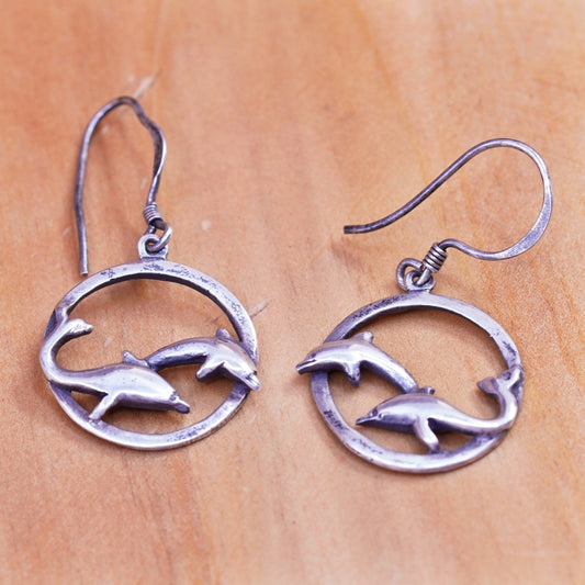 Vintage Sterling silver handmade earrings, 925 dolphin dangle