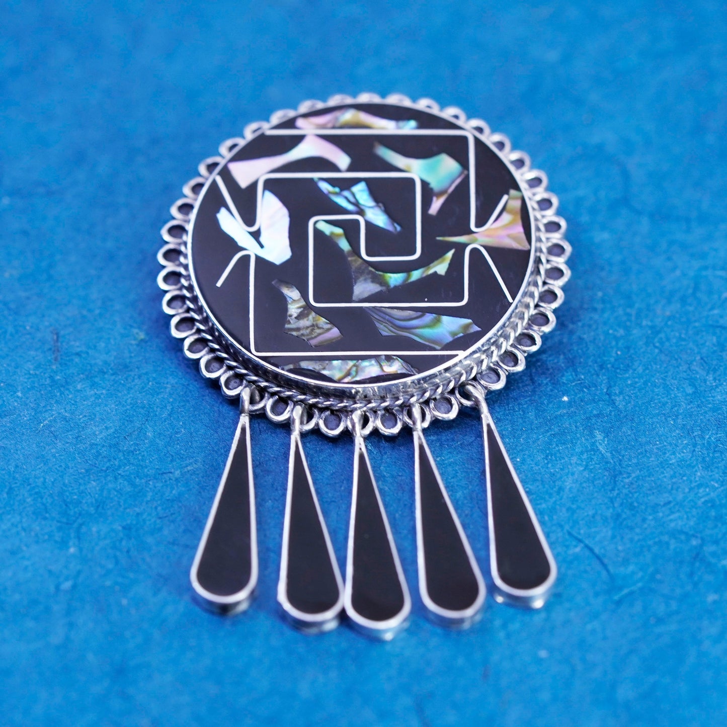 Vintage sterling 925 silver handmade brooch with abalone inlay and fringe