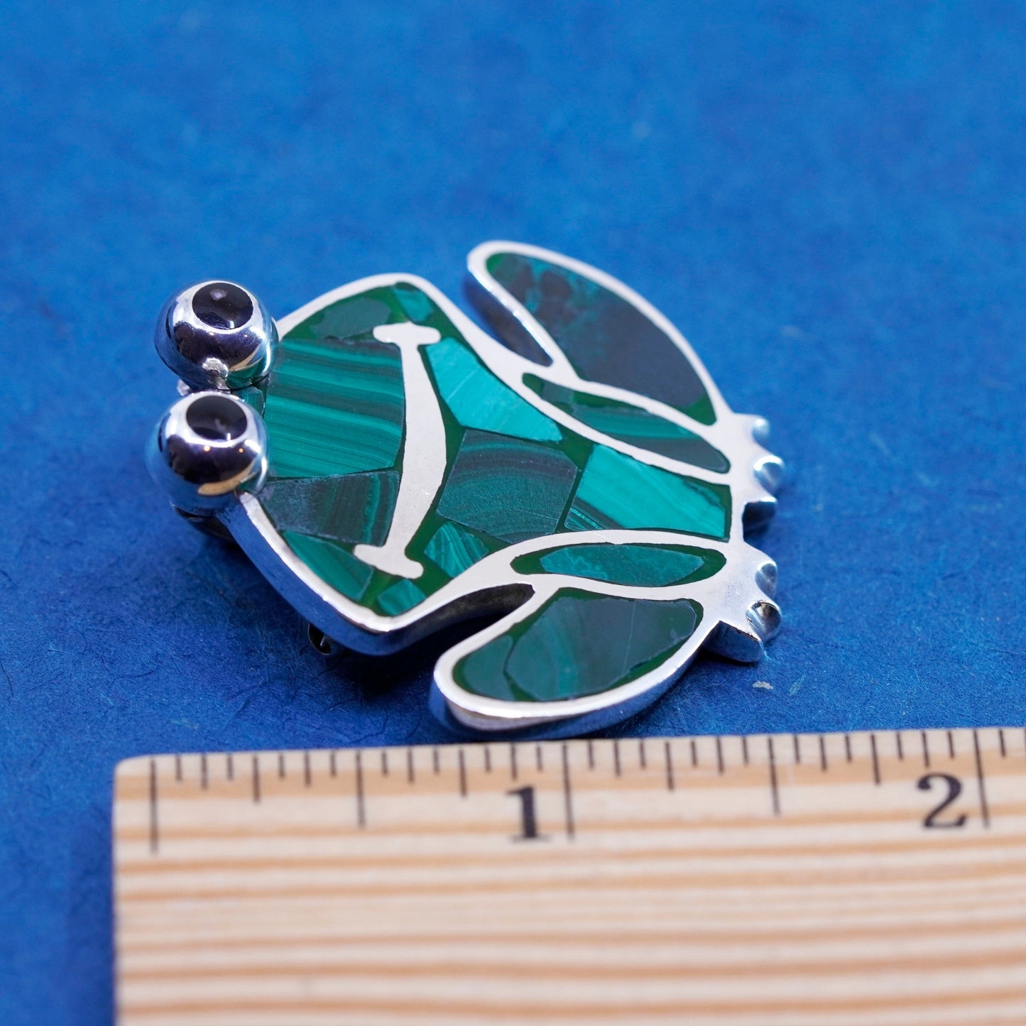 Vintage Sterling silver handmade brooch, 1950s 950 frog pin pendant malachite