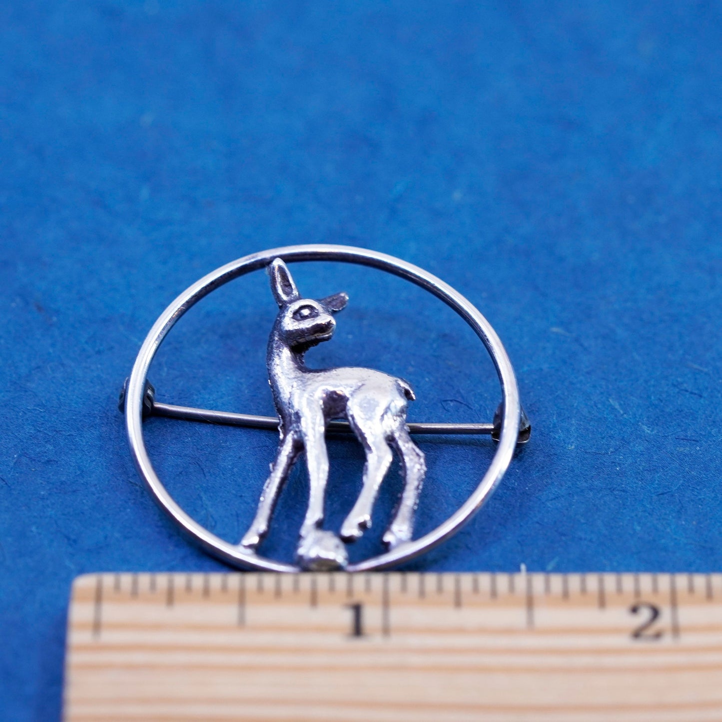 Vintage Sterling silver handmade brooch, 925 circle pin with baby deer