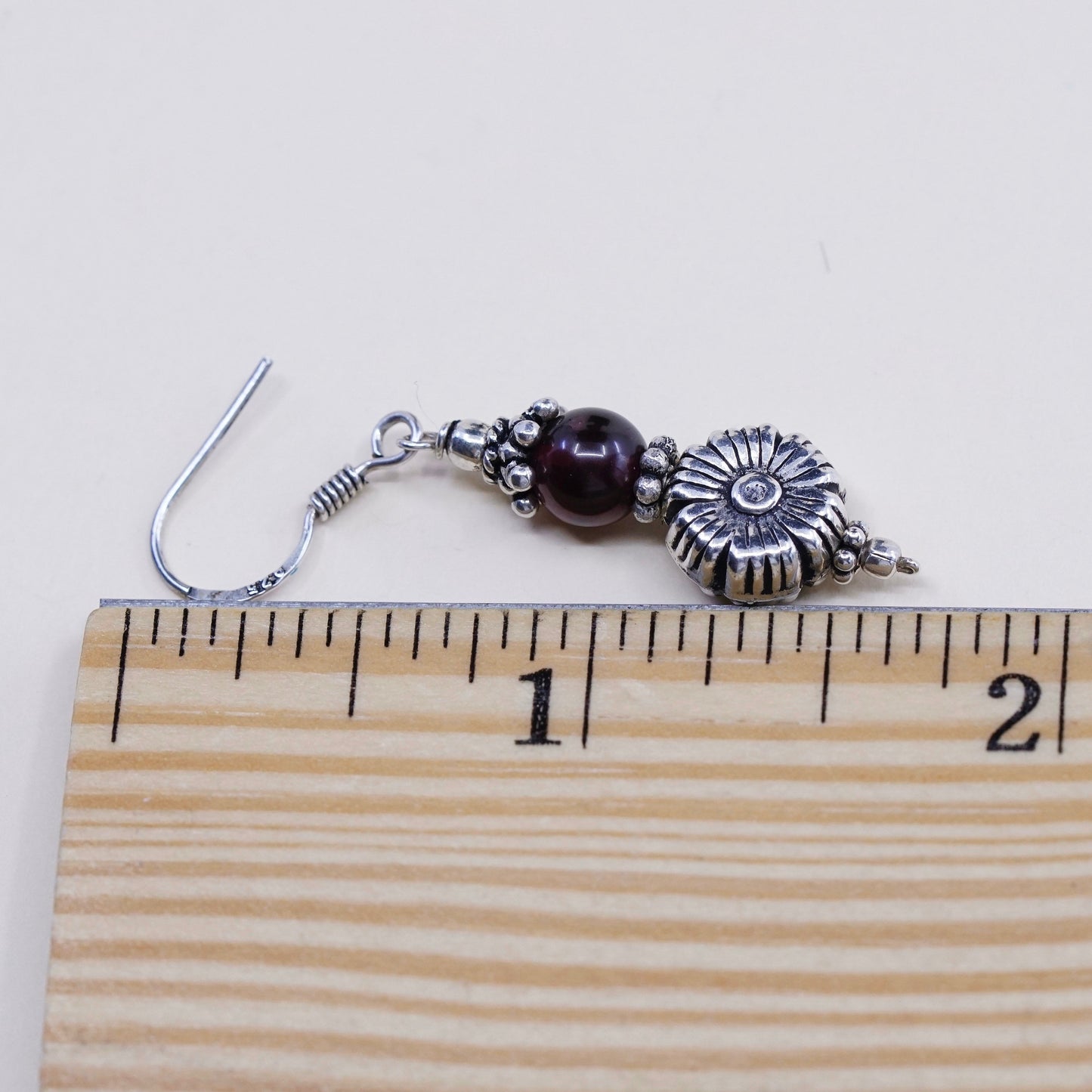 Vintage sterling silver flower earrings, 925 silver with garnet beads