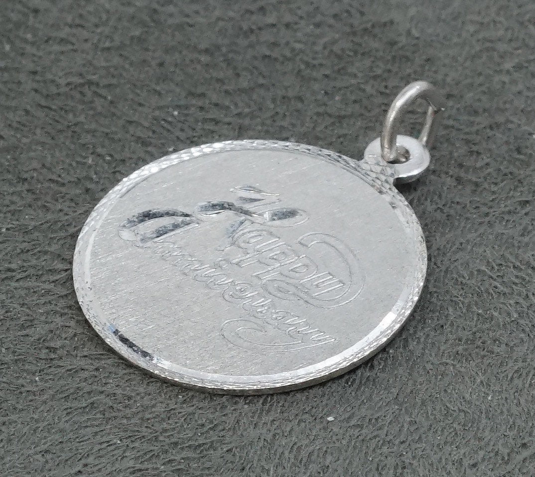 vtg Sterling silver handmade charm, 925 pendant engraved "hapoy anniversary"