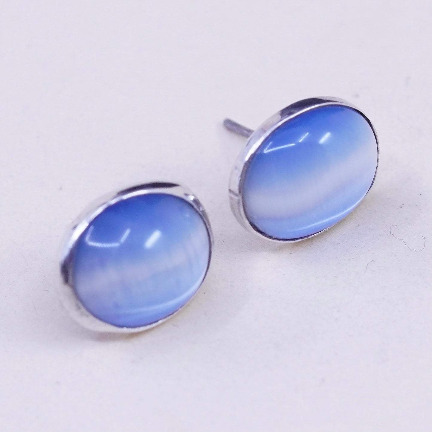 Vintage sterling silver earrings, 925 studs with blue cats eye