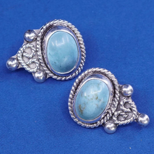 vtg sterling silver handmade earrings, 925 oval studs w/ turquoise N beads