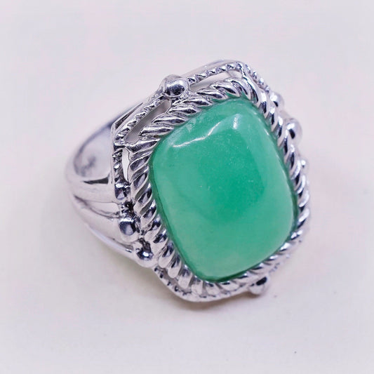 Size 7.25, Vintage sterling silver handmade ring, ring with jade and cable