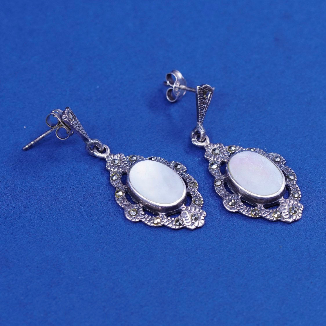 vtg Sterling silver handmade earrings, 925 w/ oval mother of pearl N marcasite