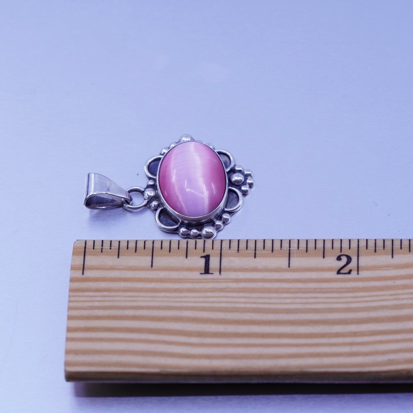 antique sterling 925 silver beads pendant with oval pink cat’s eye