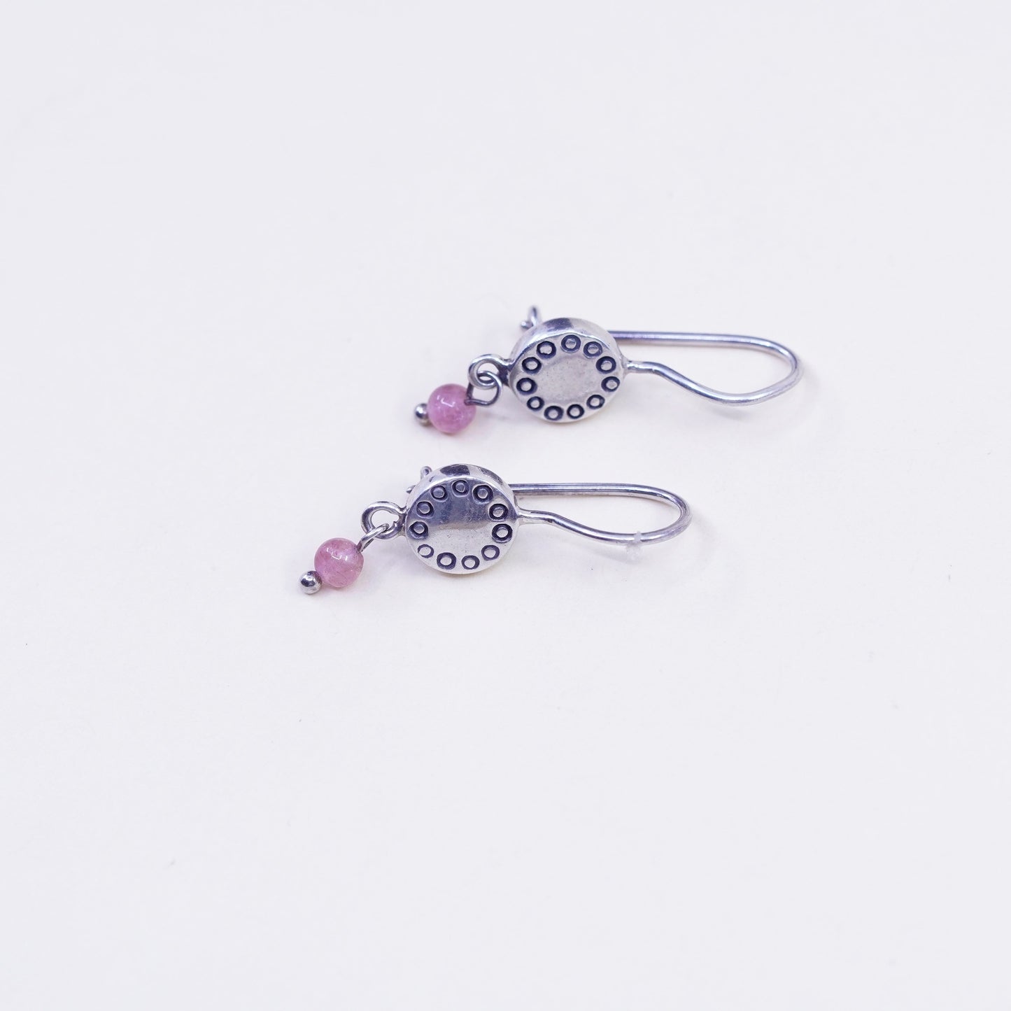 Sterling silver handmade earrings, modern 925 circle disc dangles pink quartz