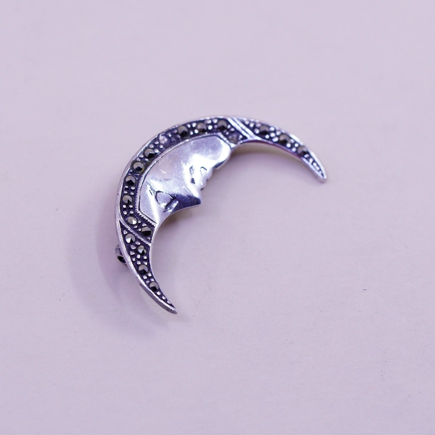 Vintage sterling silver handmade brooch, 925 moon with marcasite