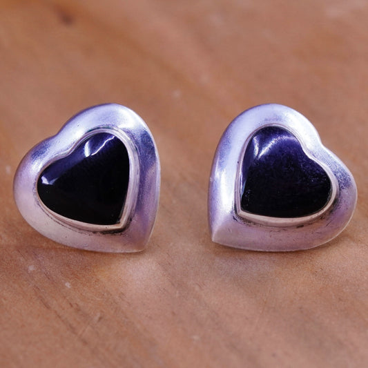 Vintage mexico Sterling silver handmade earrings, 925 heart studs with obsidian