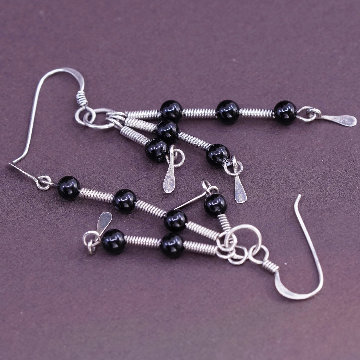 Vintage Sterling silver handmade earrings, Mexico 925 with bead obsidian