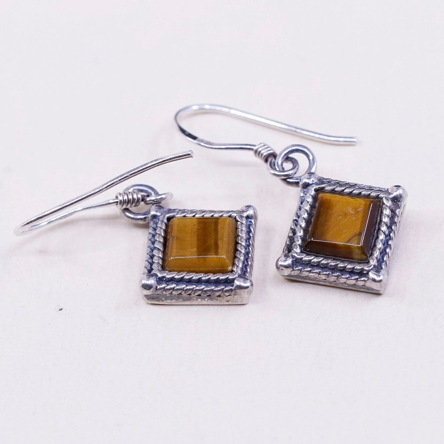 Vintage Sterling 925 silver handmade earrings with square tiger eye dangles