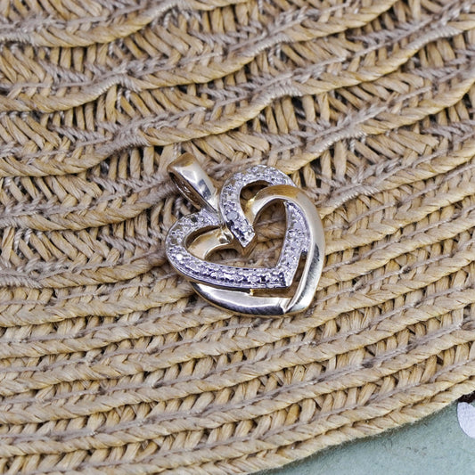 Vintage gold over sterling silver pendant, fine 925 double hearts diamond