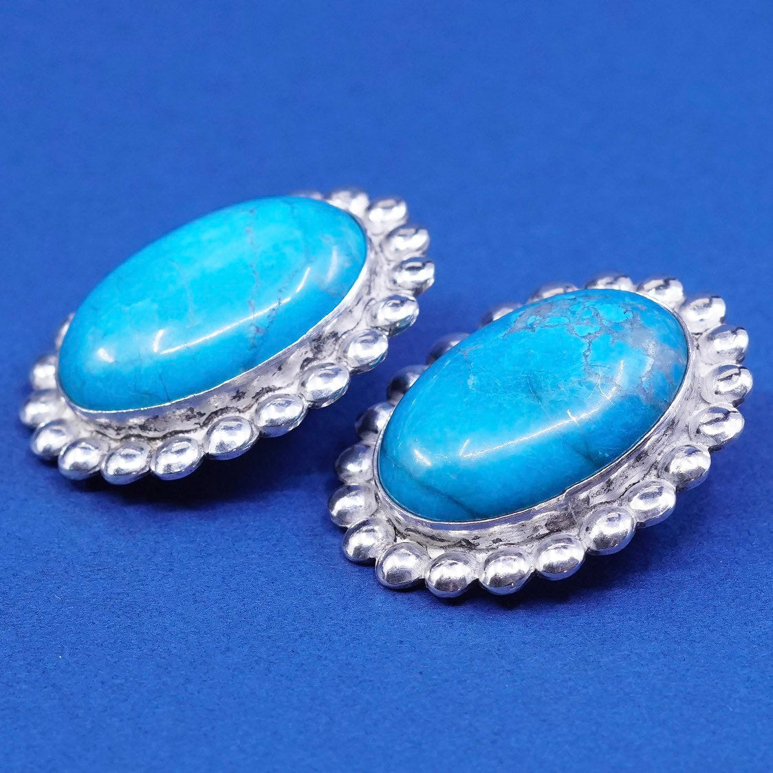 vtg sterling silver handmade earrings, 925 w/ oval turquoise N beads around