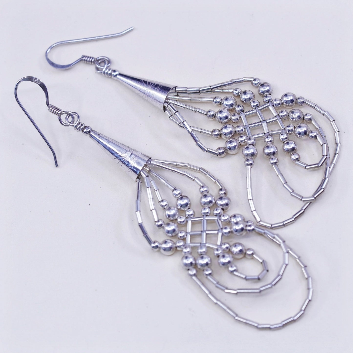 vtg Sterling silver handmade earrings, 925 liquid silver braided woven drops