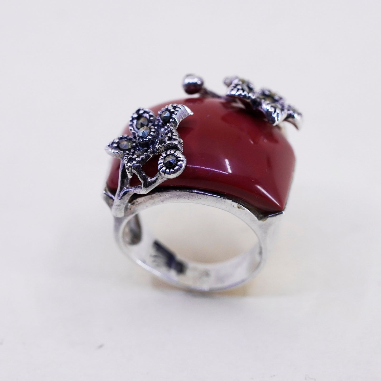 Size 5.5, Sterling 925 silver handmade statement red onyx ring marcasite flower