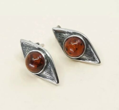 Vtg Sterling Silver Handmade Amber earrings, 925 silver Studs, Silver Tested