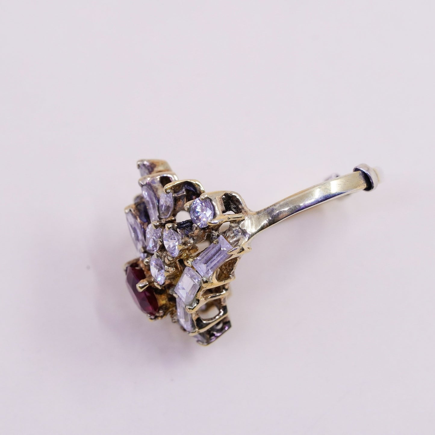 Size 10.5, Vintage sterling silver handmade statement ring, ruby and cluster cz