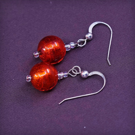 vtg Sterling silver handmade earrings, 925 red glass beads, Silver tested