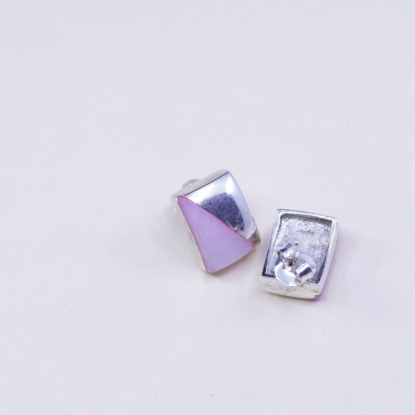 vtg sterling silver earrings, 925 square modern studs with pink mother of pearl