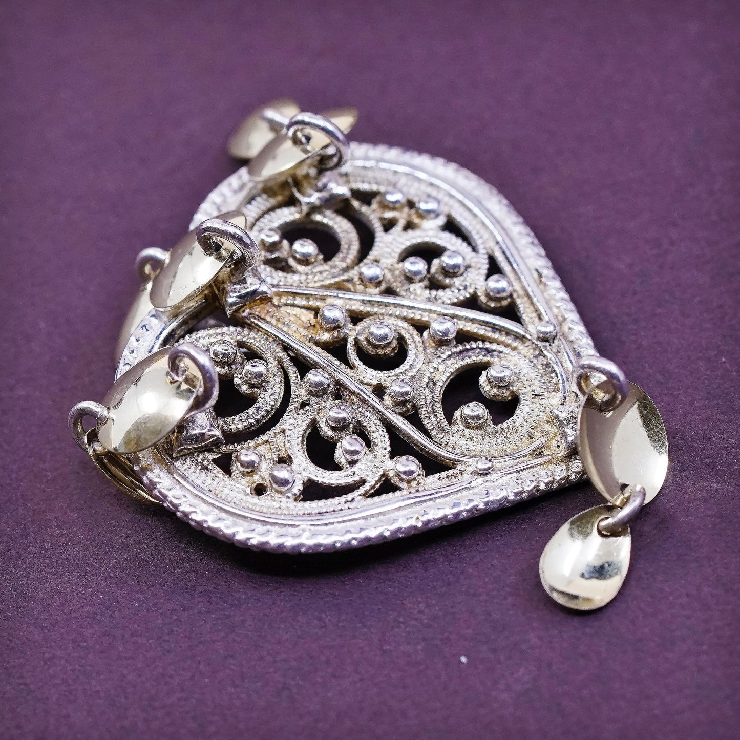 vtg OH Sterling silver handmade charm, 925 filigree heart pendant w/ disc