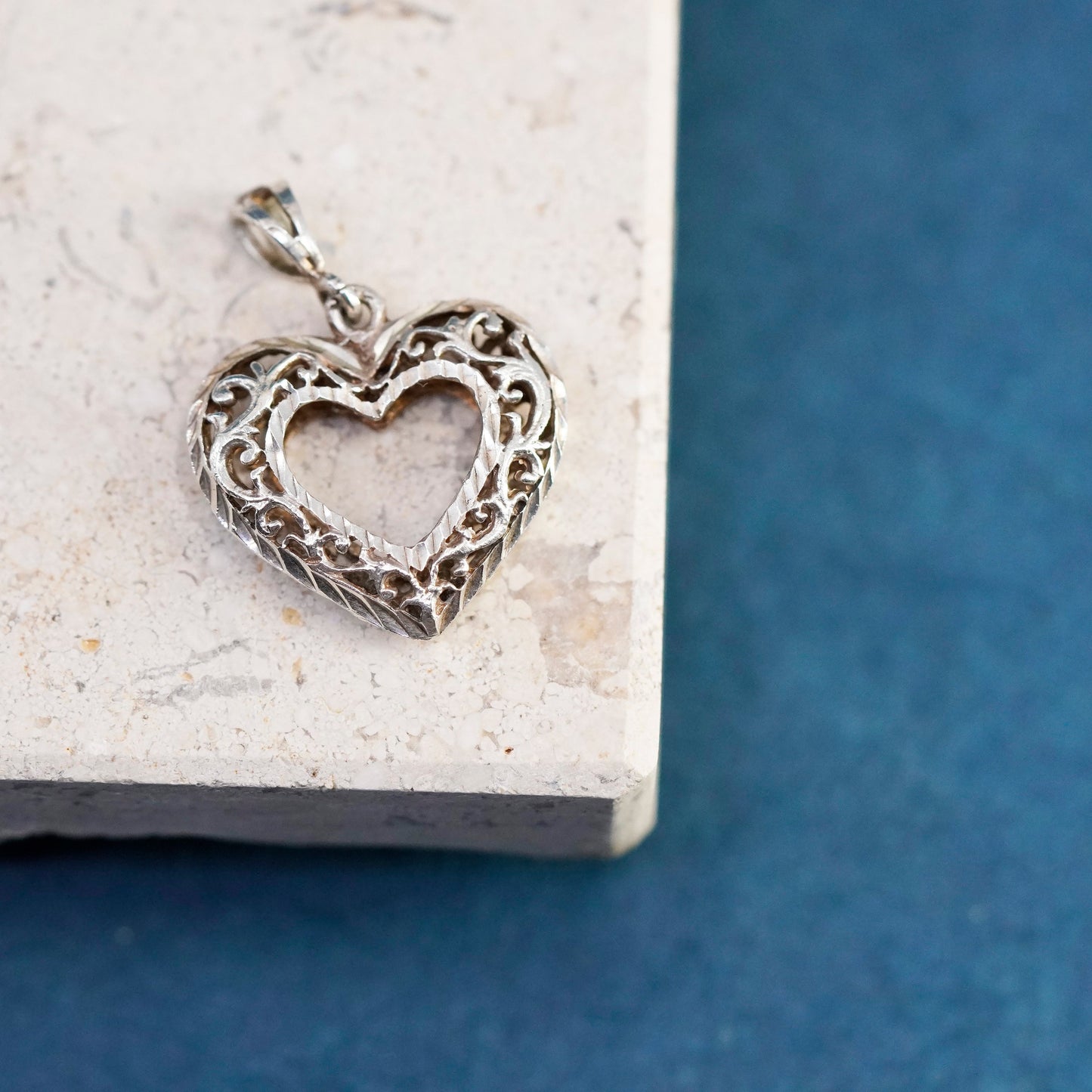 Vintage Sterling silver handmade pendant, 925 puffy filigree heart