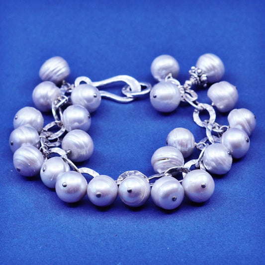 7”, Sterling silver handmade bracelet, 925 flatten circle chain cluster pearl