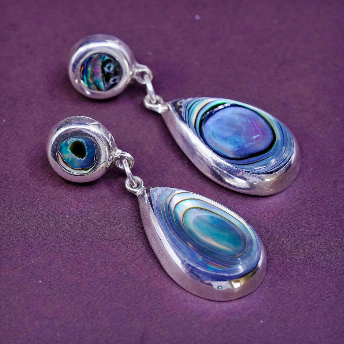 vtg Sterling silver handmade earrings, 925 w/ teardrop abalone n marcasite