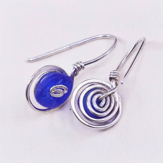 vtg Sterling silver handmade earrings, 925 swirl with blue glass drops