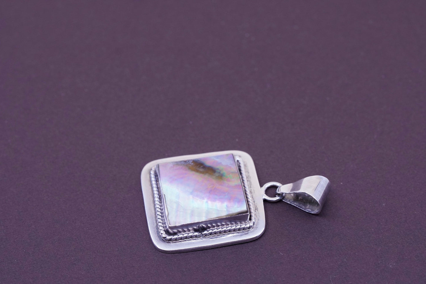 Vintage mexico Sterling 925 silver handmade square pendant with abalone